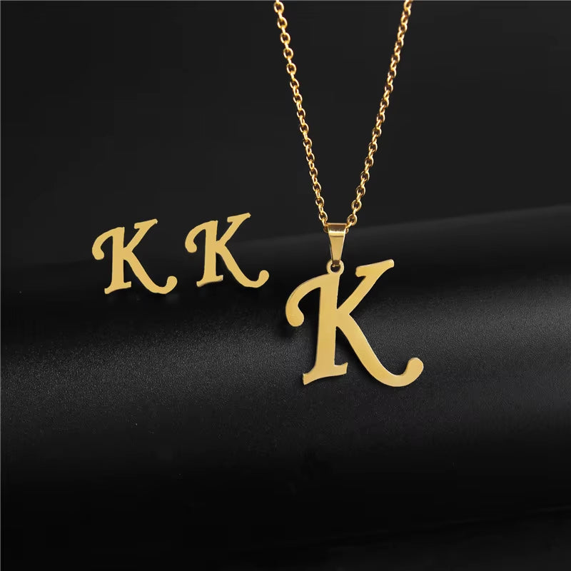 Women'S Initials Letter Necklace Earrings Set Dubai Gold Color Stainless Steel African Indian Wedding Jewelry Sets for Women