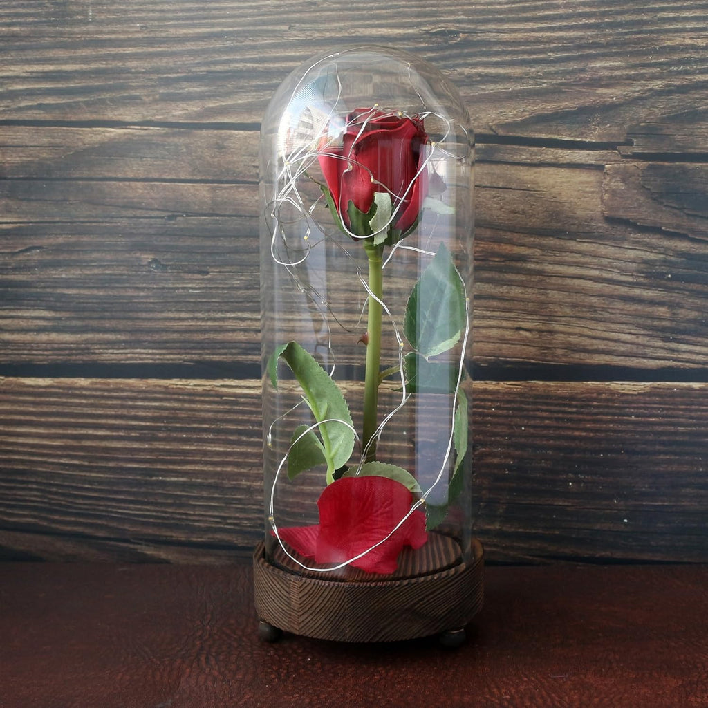 Battery Operated W/Timer LED Lighted and Red PU Rose with Fallen Petals in a Glass Dome, Great Gift for Valentine'S Day Wedding Anniversary Birthday (Dia. 4-1/2 X H 11-1/4 Inch)