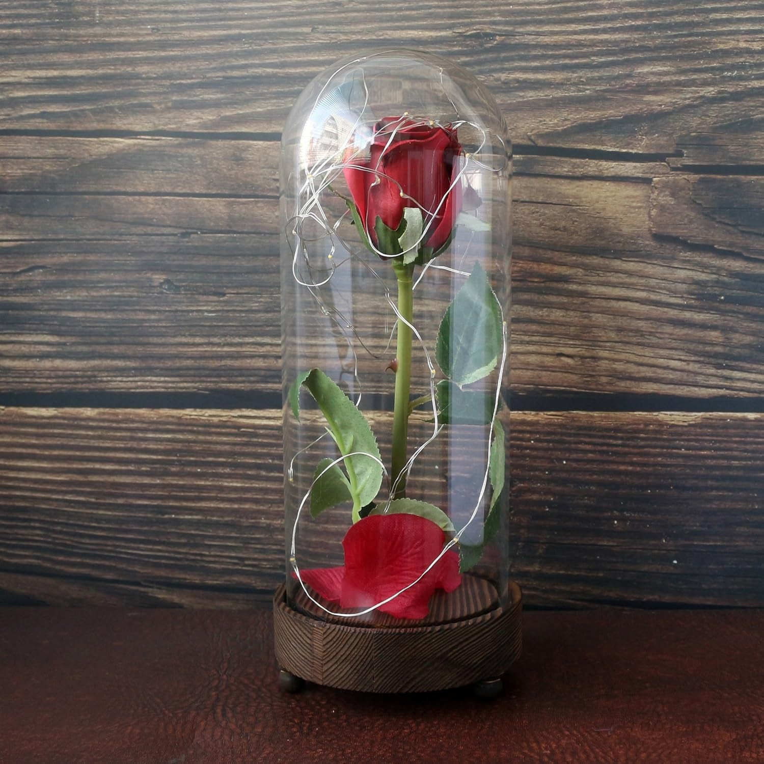 Battery Operated W/Timer LED Lighted and Red PU Rose with Fallen Petals in a Glass Dome, Great Gift for Valentine'S Day Wedding Anniversary Birthday (Dia. 4-1/2 X H 11-1/4 Inch)