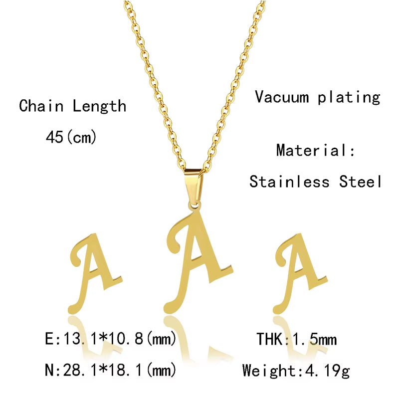 Women'S Initials Letter Necklace Earrings Set Dubai Gold Color Stainless Steel African Indian Wedding Jewelry Sets for Women