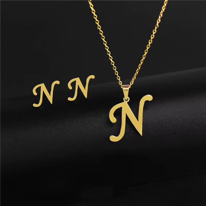 Women'S Initials Letter Necklace Earrings Set Dubai Gold Color Stainless Steel African Indian Wedding Jewelry Sets for Women