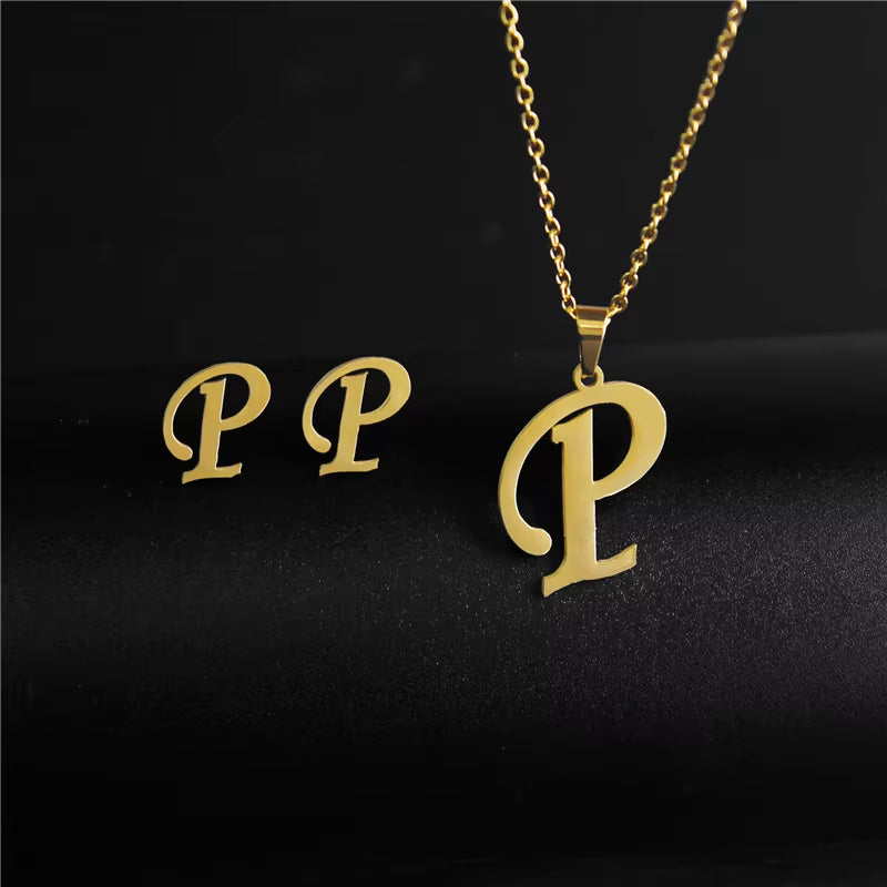 Women'S Initials Letter Necklace Earrings Set Dubai Gold Color Stainless Steel African Indian Wedding Jewelry Sets for Women