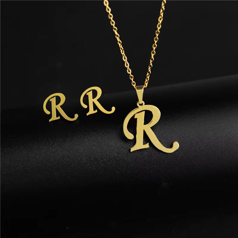 Women'S Initials Letter Necklace Earrings Set Dubai Gold Color Stainless Steel African Indian Wedding Jewelry Sets for Women