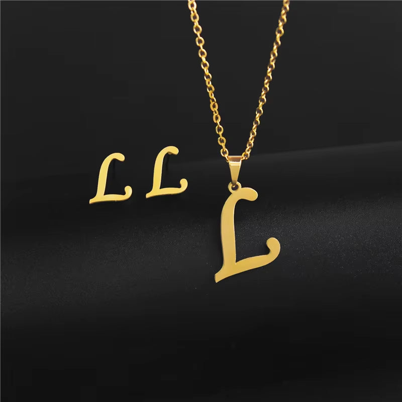 Women'S Initials Letter Necklace Earrings Set Dubai Gold Color Stainless Steel African Indian Wedding Jewelry Sets for Women