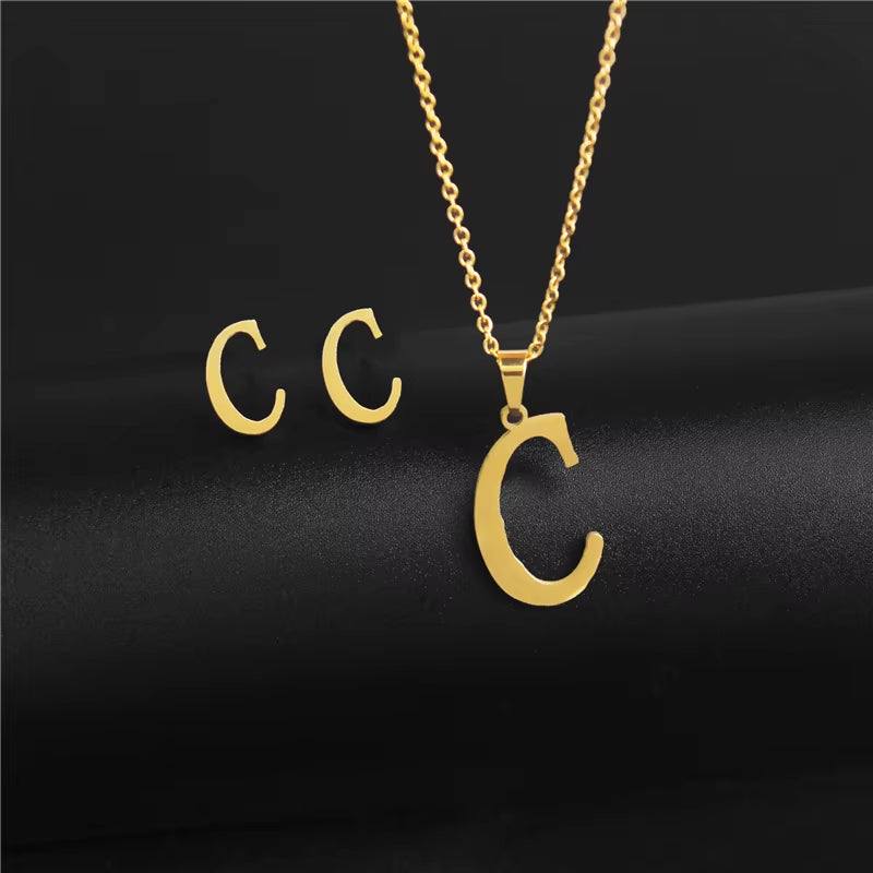Women'S Initials Letter Necklace Earrings Set Dubai Gold Color Stainless Steel African Indian Wedding Jewelry Sets for Women