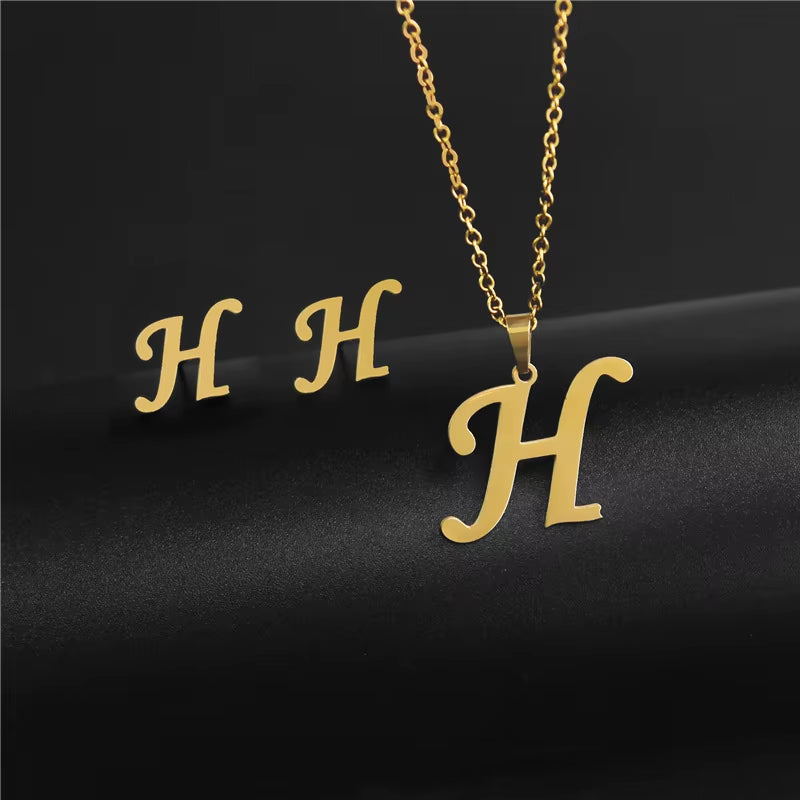 Women'S Initials Letter Necklace Earrings Set Dubai Gold Color Stainless Steel African Indian Wedding Jewelry Sets for Women