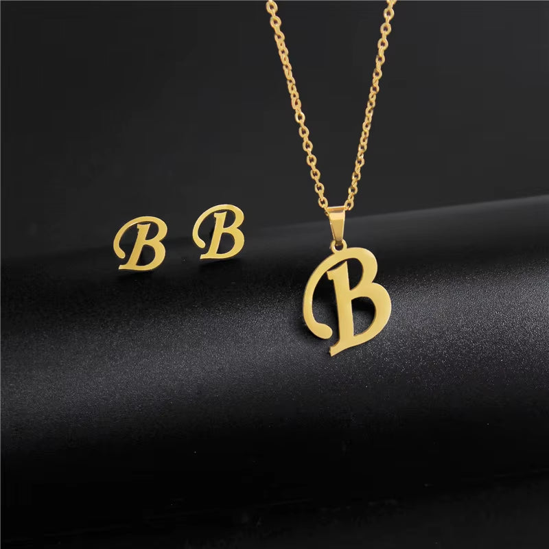 Women'S Initials Letter Necklace Earrings Set Dubai Gold Color Stainless Steel African Indian Wedding Jewelry Sets for Women