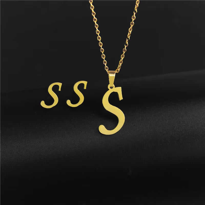 Women'S Initials Letter Necklace Earrings Set Dubai Gold Color Stainless Steel African Indian Wedding Jewelry Sets for Women