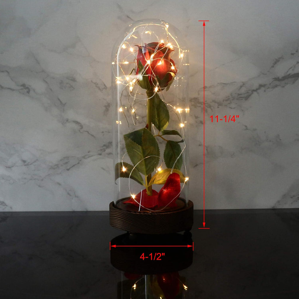 Battery Operated W/Timer LED Lighted and Red PU Rose with Fallen Petals in a Glass Dome, Great Gift for Valentine'S Day Wedding Anniversary Birthday (Dia. 4-1/2 X H 11-1/4 Inch)