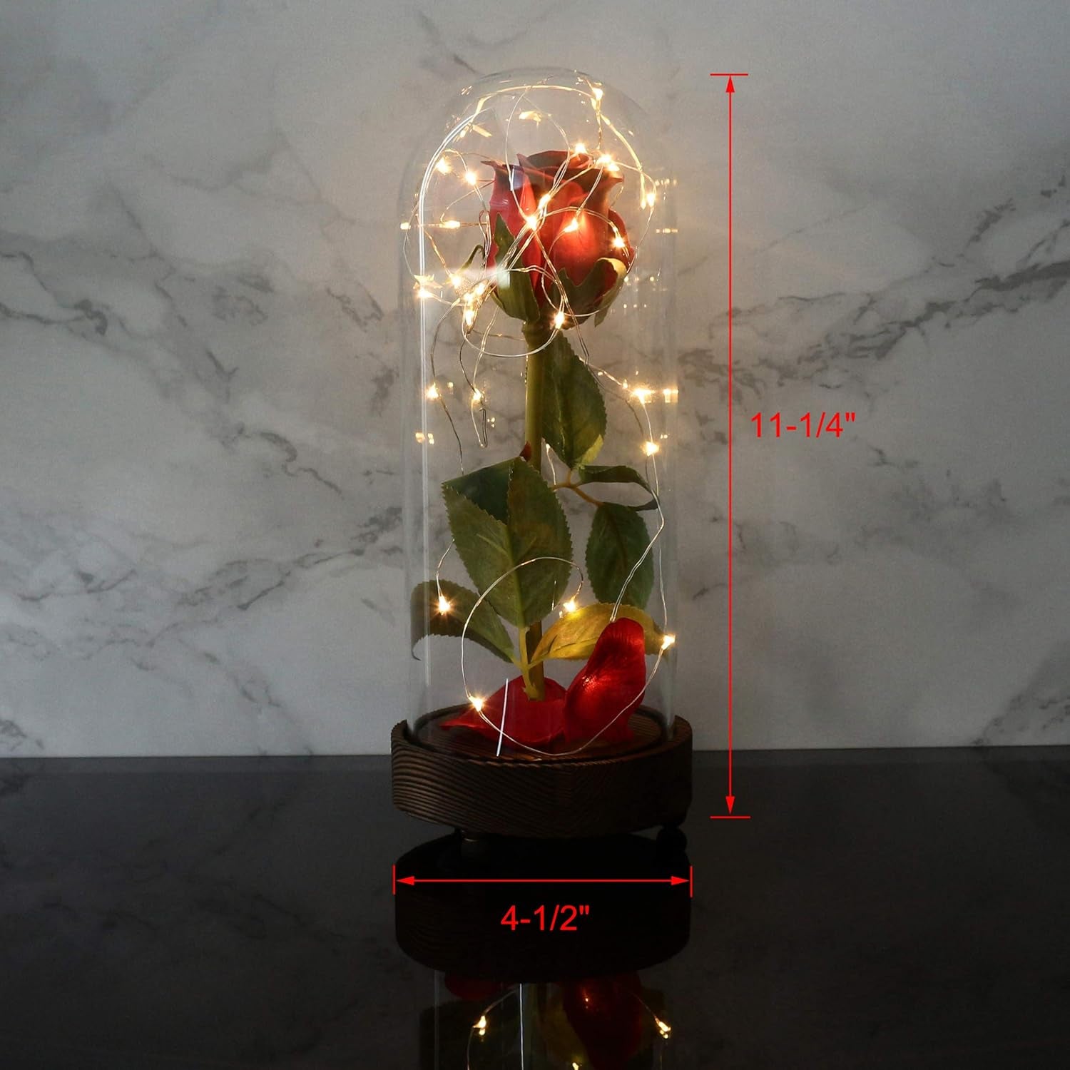 Battery Operated W/Timer LED Lighted and Red PU Rose with Fallen Petals in a Glass Dome, Great Gift for Valentine'S Day Wedding Anniversary Birthday (Dia. 4-1/2 X H 11-1/4 Inch)