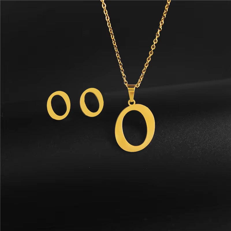 Women'S Initials Letter Necklace Earrings Set Dubai Gold Color Stainless Steel African Indian Wedding Jewelry Sets for Women