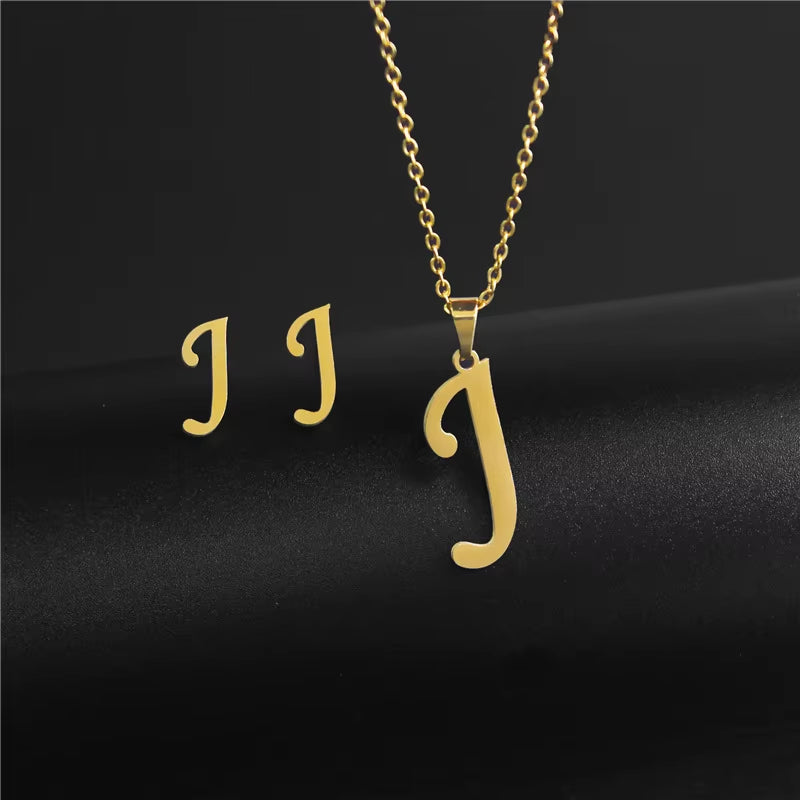 Women'S Initials Letter Necklace Earrings Set Dubai Gold Color Stainless Steel African Indian Wedding Jewelry Sets for Women