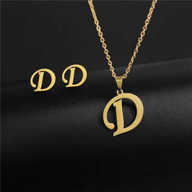 Women'S Initials Letter Necklace Earrings Set Dubai Gold Color Stainless Steel African Indian Wedding Jewelry Sets for Women