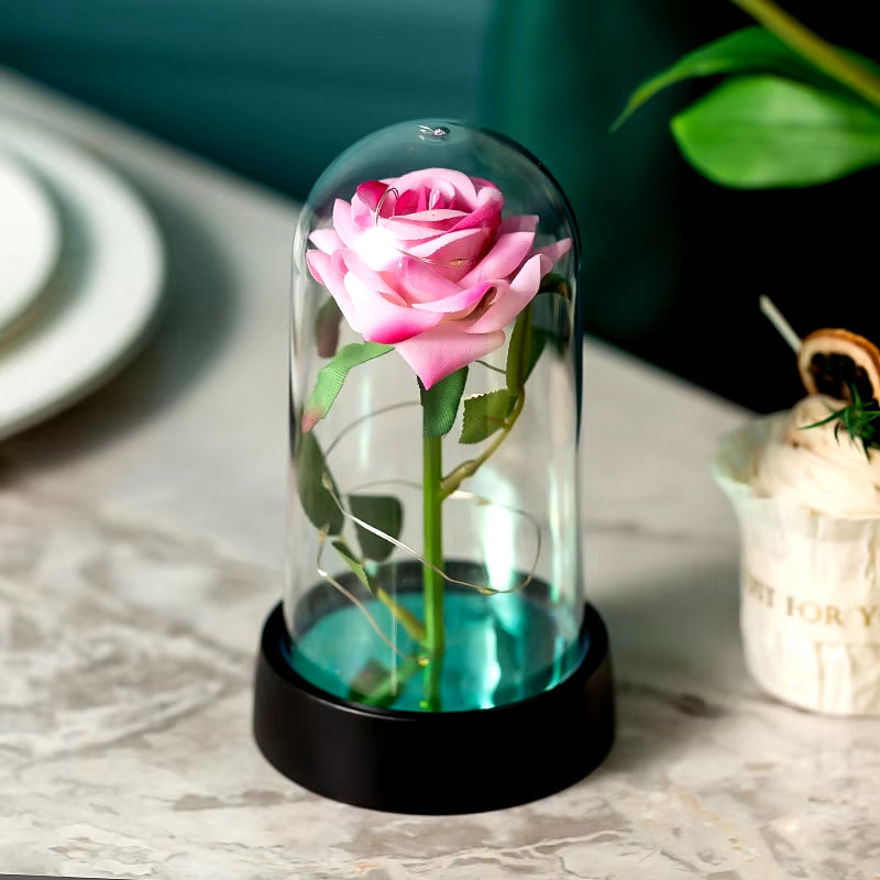 LED Eternal Flower Glass Cover Gold Foil Artificial Rose Romantic Valentine'S Day Mother'S Day Gift Creative Desktop Decoration
