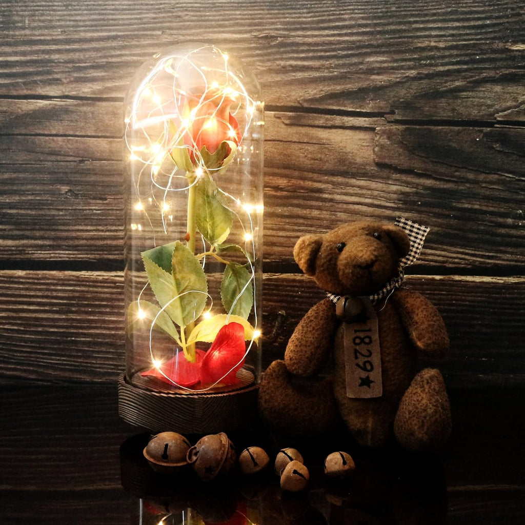Battery Operated W/Timer LED Lighted and Red PU Rose with Fallen Petals in a Glass Dome, Great Gift for Valentine'S Day Wedding Anniversary Birthday (Dia. 4-1/2 X H 11-1/4 Inch)