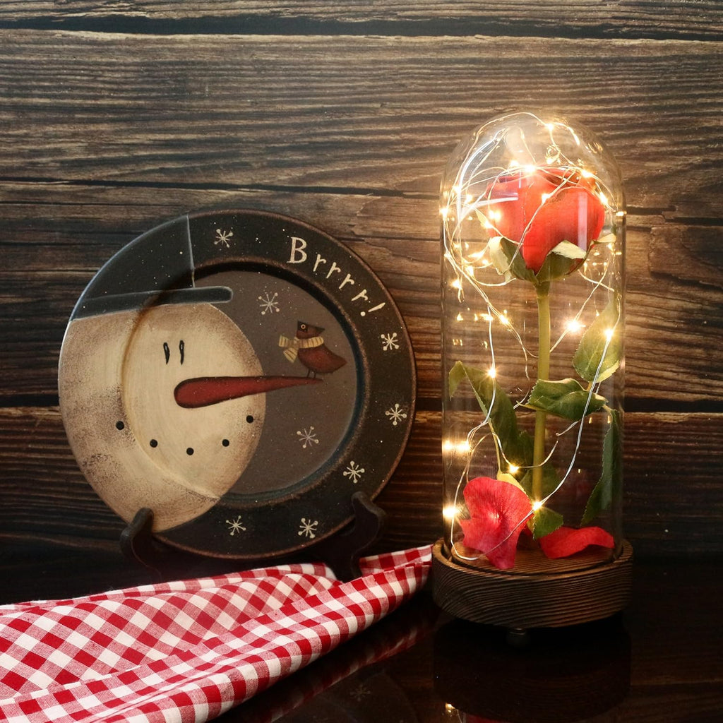 Battery Operated W/Timer LED Lighted and Red PU Rose with Fallen Petals in a Glass Dome, Great Gift for Valentine'S Day Wedding Anniversary Birthday (Dia. 4-1/2 X H 11-1/4 Inch)
