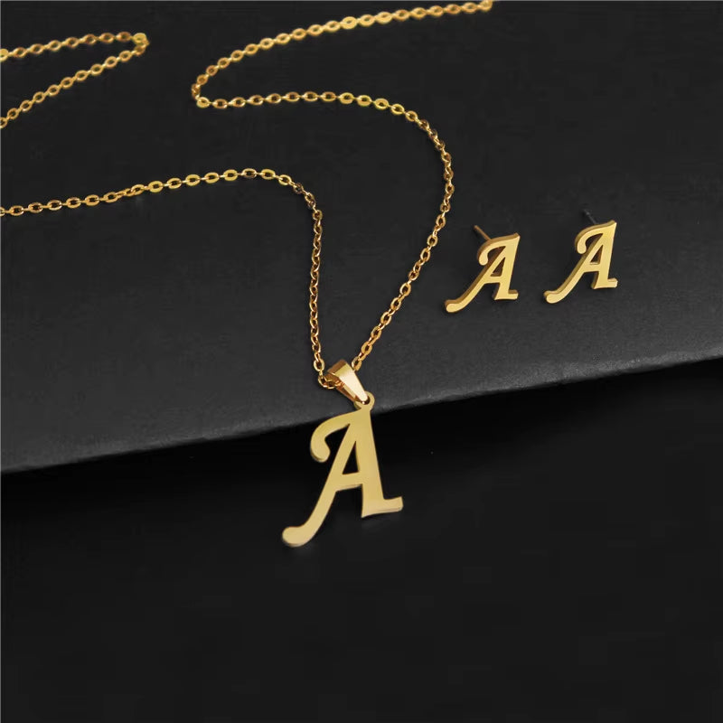 Women'S Initials Letter Necklace Earrings Set Dubai Gold Color Stainless Steel African Indian Wedding Jewelry Sets for Women