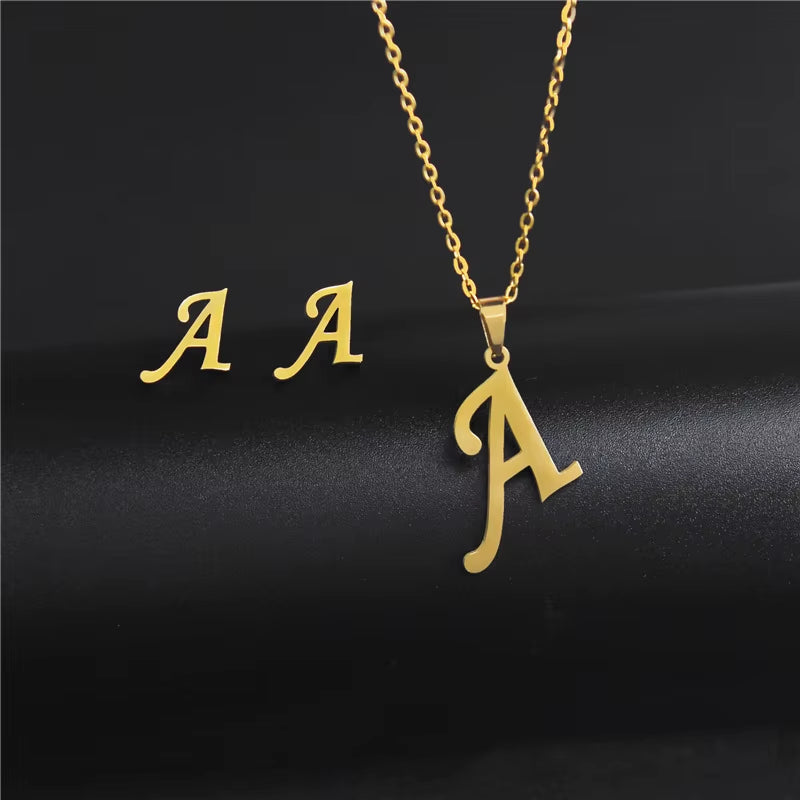 Women'S Initials Letter Necklace Earrings Set Dubai Gold Color Stainless Steel African Indian Wedding Jewelry Sets for Women