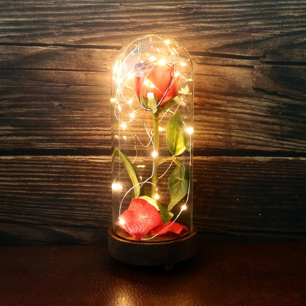 Battery Operated W/Timer LED Lighted and Red PU Rose with Fallen Petals in a Glass Dome, Great Gift for Valentine'S Day Wedding Anniversary Birthday (Dia. 4-1/2 X H 11-1/4 Inch)