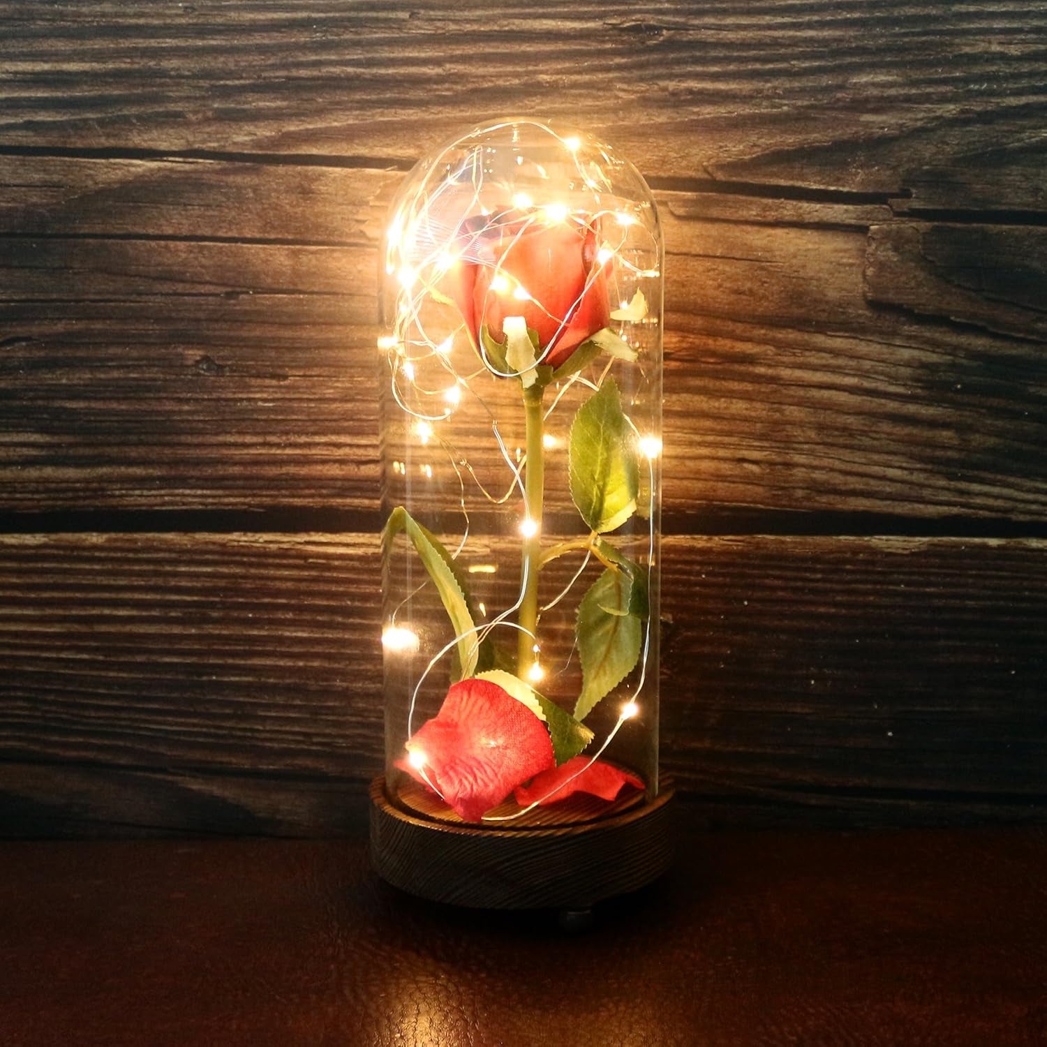 Battery Operated W/Timer LED Lighted and Red PU Rose with Fallen Petals in a Glass Dome, Great Gift for Valentine'S Day Wedding Anniversary Birthday (Dia. 4-1/2 X H 11-1/4 Inch)